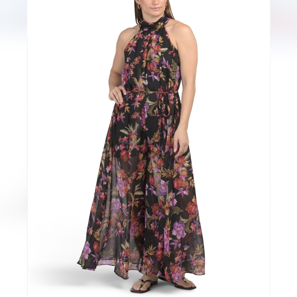 London Times Women's Flowy Wide Leg Halter Jumpsuit
